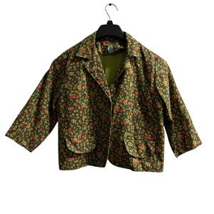Vintage Cropped Jacket Womens 15 Green Floral Textured Button Front Boho Hippie